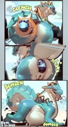 2025 anal anal_head_gulp anal_vore anthro ass autopenetration aymbord belly big_belly blue_body capcom comic duo female genitals hi_res lagiacrus leviathan_(mh) male masturbation monster_hunter penetration pussy scalie tail tail_fetish tail_insertion tail_play vore