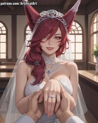 1girls ai_generated animal_ears artifical_art bird_girl bride face_markings facial_mark league_of_legends league_of_legends:_wild_rift light-skinned_female long_hair pale-skinned_female perfect_body red_hair voluptuous_female xayah yellow_eyes