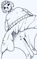 absurd_res anthro ass bottomwear butt_from_the_front canid canine canis clothing domestic_dog female genitals hands_behind_back heaven_salts hi_res legwear looking_at_viewer looking_down looking_down_at_viewer low-angle_view mammal piercing pussy shirt skirt solo stockings topwear traditional_media_(artwork)