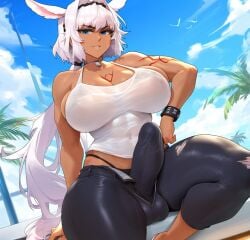 1girls ai_generated bangs blue_eyes blue_sky breasts bulge_through_clothing caenis_(fate) caenis_(swimsuit_rider)_(fate) cloud dark_skin day erection_under_clothes fate_(series) futanari hair_intakes highleg large_breasts long_hair looking_at_viewer palm_tree sky summer swimsuit tattoo thighs torn_clothes tree white_hair