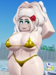 2girls 3d background_character big_breasts bikini blonde_hair breasts ellie_(rusmynth) english_text gold_bikini golden_week light_skin original_character original_characters outdoors roblox rusmynth solo_focus tagme text thick_thighs thighs unseen_(unseenfury) watermark wet