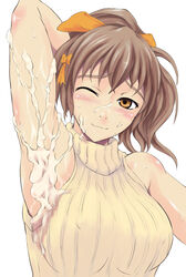 armpit_focus armpits blush breasts brown_hair bust closed_eyes cum cum_on_armpit erect_nipples female hair_ribbon looking_at_viewer original ponytail rei_oe ribbed_sweater ribbon sleeveless sleeveless_turtleneck smile solo sweater tied_hair turtleneck