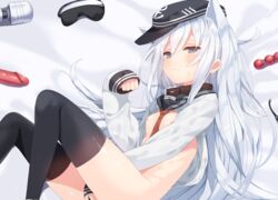 anal_beads animal_ears black_legwear blue_eyes blush bottomless covering covering_crotch dildo female hat hibiki_(kantai_collection) kantai_collection lying mx2j_(nsh6394) nipples on_side paw_pose school_uniform serafuku shirt_lift silver_hair sleeves_past_wrists small_breasts solo sweatdrop thighhighs verniy_(kantai_collection)