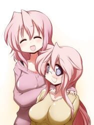 2girls :d ^_^ big_breasts blush breasts closed_eyes female glasses large_breasts long_hair lucky_star mature_female miyuki_takara mizushima_(p201112) mother_and_daughter pink_hair purple_eyes short_hair simple_background smile smiling_at_viewer sweater very_long_hair yukari_takara