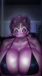 alternate_version_available big_breasts bikini_top black_and_purple_hair edit editorfella horns jellybean_(mcyt) jellybean_(youtuber) photoshop purple_eyes purple_skin real_person youtube youtuber