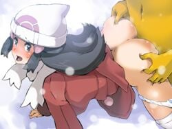 all_fours anus ass beanie blue_eyes blue_hair boris_(noborhys) bottomless bottomless_jacket bottomless_skirt bubble_butt clothing dawn_(pokemon) dawn_(pokemon_platinum) doggy_style female hat human hypno interspecies jacket male navel panties_around_one_leg pokemon pokemon_(species) pokemon_platinum pokephilia rape red_coat red_jacket sex snow straight upskirt vaginal_penetration white_scarf winter_clothes