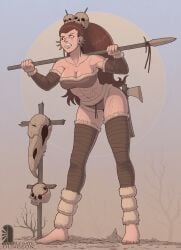 abs barbarian barefoot brett_neufeld cleavage clothed eye_scar fantasy female marble_gate_dungeon muscular_female scar skull spear weapon