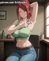 1girls ai_generated armpits artifical_art big_breasts blue_pants clitoris cum_in_pussy enen_no_shouboutai fire_force hands_behind_head jeans light-skinned_female light_skin lisa_isaribi long_hair orange_eyes perfect_body ponytail pussy pussy_hair red_hair shaving_armpits solo tied_hair torn_pants voluptuous_female