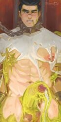 1boy abs artist_name balls bara black_hair blue_eyes blush brian_(gyee) chained chains collar cum ejaculation erection feet_out_of_frame gyee highres male male_focus manly mature_male muscular muscular_male nipples one_eye_closed pectorals polarixxxhere puffy_nipples scar scar_on_face scar_on_nose signature simple_background slime_(substance) solo spiked_collar spikes testicles thick_eyebrows torn_clothes