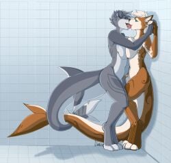 after_transformation anthro ass bathroom_tiles big_breasts bodily_fluids breast_play breast_squish breasts brown_body brown_fur canid canine comic drooling drooling_on_partner drooling_tongue duo fangs female female/female fish floppy_ears french_kissing fur grey_body grey_fur grey_hair hair hand_holding hi_res hybrid kissing licking mammal marine narusewolf nude pointy_ears saliva saliva_on_tongue saliva_string shark snout squish tail teeth tongue transformation white_body white_fur white_hair