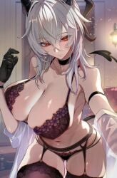 arm_strap armband bare_shoulders black_armband black_bra black_choker black_horns black_panties black_tail bra breasts choker cleavage closed_mouth commentary_request cowboy_shot crossed_bangs curled_horns earrings female garter_belt garter_straps highres horns huge_breasts indoors jewelry key_earrings lingerie long_hair mole mole_under_eye multicolored_hair navel off_shoulder omoti_(1201208) panties red_eyes shirt solo streaked_hair underwear white_hair white_shirt wuthering_waves zani_(wuthering_waves)