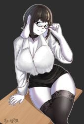 absurd_res anthro big_breasts black_bottomwear black_clothing black_eyes black_hair black_legwear black_nose black_skirt black_stockings bottomwear breasts canid canine canis choker cleavage clothed clothing domestic_dog eyebrow_through_hair eyebrows eyelashes eyewear female floppy_ears front_view glasses grey_background hair hi_res hoja_dp jewelry legwear looking_at_viewer lop_ears mammal mochi_(jxzuke) necklace shiba_inu short_hair simple_background sitting skirt smile solo spitz stockings thick_thighs topwear translucent translucent_hair white_clothing white_topwear wide_hips