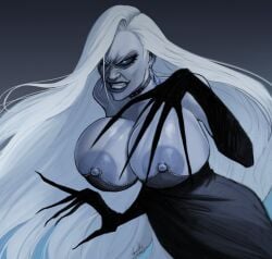 big_breasts blue_skin breasts devil_hs female scar scar_on_face silver_hair solo solo_female thyra
