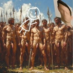army army_men battle boy brown_hair fight fighter fighting fighting_over_boy flaccid_penis friendship gang gay group kill killed killing knocked_out medival multiple_males multiple_penises nude null orgy passed_out penis_size_difference realistic ritual spear testosterone torture tribal tribe war warrior weapon