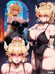 1girls ai_generated big_breasts bowsette breasts cleavage difuxer dress female female_only large_breasts light-skinned_female light_skin looking_away mario_(series) pelvic_curtain solo thick_thighs thighs wide_hips