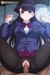 1boy ai ai_generated anime anime_style bangs bed black_hair black_legwear blazer blue_jacket blush bow bowtie breasts clitoris closed_mouth clothed_female_nude_male clothed_sex erection eyebrows_visible_through_hair fat_male fat_man female half-closed_eyes heart highres jacket kixokayu komi-san_wa_komyushou_desu komi_can't_communicate komi_shouko komi_shuuko long_hair long_sleeves looking_at_viewer lying medium_breasts missionary mosaic_censoring netorare no_panties ntr nude on_back pantyhose patreon_username penis pillow pleated_skirt pov pubic_hair purple_eyes purple_hair pussy rape raped red_bow red_neckwear school_uniform sex skirt solo_focus spread_legs straight striped striped_neckwear thighband_pantyhose torn_clothes torn_legwear ugly_bastard uncensored underwear vaginal_penetration very_long_hair