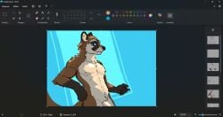 5_fingers anthro blue_eyes brown_body casual_nudity cheek_tuft coati digital_media_(artwork) eyebrows facial_tuft fingers fur genitals gloves_(marking) hi_res kalembi male mammal markings microsoft_paint_(artwork) multicolored_body multicolored_fur navel nipples nude penis procyonid raised_eyebrow screencap simple_background smiley_face solo tail tuft