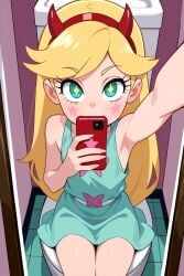 2025 ai_generated bathroom blonde_eyebrows blonde_female blonde_girl blonde_hair_female deviantart disney disney_channel disney_xd fatonyx green_dress holding_phone looking_at_viewer meta not_porn red_hairband sitting_on_toilet smile_at_viewer smiling_at_viewer star_butterfly star_cheeks star_eyes star_vs_the_forces_of_evil taking_selfie walt_disney_animation_studios yellow_cheeks