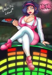 1girls asian asian_female big_breasts blue_hair blush breasts cleavage clothed clothing evil_grin female female_only friday_night_funkin galacticlewd huge_breasts knife lipstick nene_(newgrounds) nene_(pico's_school) no_pupils overalls pico's_school pink_clothing pink_headband pupilless_eyes smirking smirking_at_viewer speaker speakers suggestive thick_thighs tight_clothing tongue tongue_out weapon