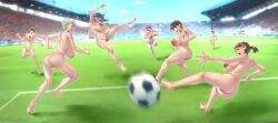 ass ass_visible_through_thighs athletic athletic_female big_ass big_breasts breasts chichimaro completely_nude completely_nude_female crowd daytime feet female female_focus female_only football football_player full_body hi_res high_resolution highres moving multiple_girls navel nipples public public_exposure public_nudity pussy pussy_juice pussy_juice_drip running shaking_breasts soccer soccer_ball stadium stadium_background sweat sweatdrop sweating thighs