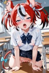1girls ai_generated arbitrary blue_eyes blush breasts covered_nipples female_masturbation grinding hakos_baelz hololive hololive_english hololive_english_-council- humping masturbation multicolored_hair nipples_visible_through_clothing no_panties open_mouth pussy pussy_juice rat_ears rat_tail red_hair saliva school school_uniform sharp_teeth skirt skirt_lift solo table_humping thighhighs tongue_out twintails vtuber