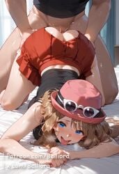 1boy 1girls ai_generated all_fours artist_name ass belliora blue_eyes blush breasts brown_hair clothed_sex doggy_style eyewear_on_head female hat long_hair open_mouth patreon pink_headwear pleated_skirt pokemon serena_(pokemon) sex sex_from_behind skirt solo_focus straight sunglasses sweat tongue tongue_out