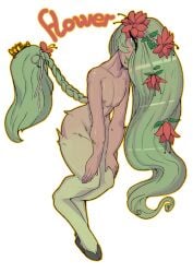 dark-skinned_femboy dark-skinned_male dark_skin femboy flowers flowers_in_hair gcfmug green_eyes green_fur green_hair green_lips hooves long_hair looking_at_viewer nude satyr smiling smiling_at_viewer solo_male thick_lips