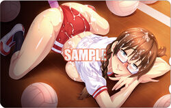 black_socks bloomers blue_eyes blush braid breasts brown_hair buruma cum cum_on_body dildo female freckles glasses gym gym_uniform kanojo_wa_dare_to_demo_sex_suru knee_socks kneehighs kneesocks long_hair looking_at_viewer mole orcsoft red_bloomers sakurai_erika sanagi_torajirou shiny shiny_skin shoes smile socks solo spread_legs twin_braids uwabaki volleyball