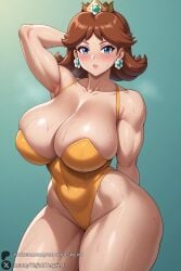 1female 1girls 2025 ai_generated arm_behind_head arm_up armpits artist_name big_ass big_breasts blue_eyes blush breasts brown_hair cleavage covered_navel crown curvy earrings female flower_earrings hi_res high_quality high_resolution highleg highleg_leotard highres huge_ass huge_breasts jewelry leotard lips looking_at_viewer mario_(series) muscular nintendo parted_lips patreon patreon_username princess_daisy solo sweat thick_thighs thighs unjobdespiert watermark wide_hips