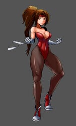 artist_request breakers breasts brown_eyes brown_hair brown_legwear cleavage female fighting_stance headband jacket large_breasts leg_up leotard looking_at_viewer pantyhose ponytail shoes simple_background smile sneakers solo thick_thighs tia_langray tied_hair wrist_wraps