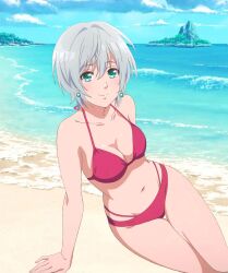 1girls alternate_version_available bare_legs bare_shoulders beach blue_eyes cleavage collarbone female kikuchi_fuuka leaning_back looking_at_viewer medium_breasts red_bikini sfw short_hair silver_hair sitting string_bikini