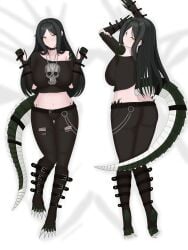 absurdres bed bed_sheet belt black_belt black_choker black_gloves black_hair black_shirt breasts choker collarbone crop_top dakimakura female gloves goth_fashion highres humanization jeans jewelry large_breasts lizard_tail long_hair looking_at_viewer lying lying_on_back monster_girl necklace pants queenscp_foundation reptile_girl scales scp-682 shirt single_bare_shoulder single_off_shoulder solo spiked_choker spikes stomach tail torn_clothes torn_jeans torn_pants very_long_hair yellow_eyes