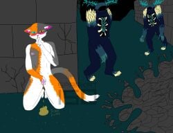 anthro blush bodily_fluids calico_cat domestic_cat dripping_urine felid feline felis genital_fluids hi_res hiding male mammal microsoft minecraft mojang nipples nude omorashi peeing scared solo sparkat150 stealth_peeing tears_of_desperation urination urine warden_(minecraft) xbox_game_studios