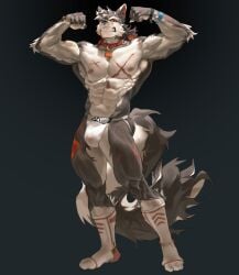 abs anthro athletic bandage bandage_on_face bandage_on_nose black_background black_body bulge canid canine canis clenched_teeth clothing collar flexing flexing_bicep flexing_both_biceps footwear front_view grin hi_res jockstrap long_socks male mammal mgg_(character) pecs quads red_eyes scar simple_background smile socks solo standing teeth topwear underwear white_clothing white_footwear white_socks wolf wristband xiongdazz