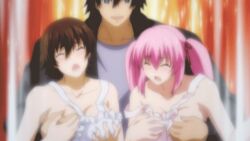 1boy 2girls animated breasts chikage_izumi female grope hagure_yuusha_no_estetica male multiple_girls ousawa_akatsuki ousawa_miu pink_hair sexual_assault sexual_harassment