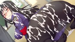 ass black_hair blush breasts bukkake clenched_teeth cum cum_on_ass cum_on_breasts cum_on_clothes cum_on_floor cum_on_hair cum_on_lower_body cum_on_upper_body erectlip facial female from_behind game_cg glasses highres kyonyuu_seitokaichou_chijoku_no_hakudaku_kuro_tights:_konna_yatsu_no_okazu_ni_naru_nante! large_breasts legs long_hair looking_back orange_eyes panties panties_under_pantyhose pantyhose ryouko_(erectlip) school_uniform sitting thighs underwear xxzero