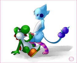 ambiguous_gender balls big_nose chubby crossover cum erection footwear fur half-closed_eyes handjob harumi male mario_(series) mew nintendo nude orgasm original_character penis pokemon pokemon_(species) shoes sitting socks standing straight_hair tongue_out video_games white_background yoshi