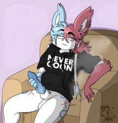 absurd_res animal_genitalia animal_penis anthro balls blue_hair blue_penis bodily_fluids bottomless bublijoestar caesar_(bublijoestar) canid canine_genitalia canine_penis clothed clothing digital_media_(artwork) ear_piercing eeveelution erection fan_character fur generation_6_pokemon genital_fluids genitals hair hi_res hoodie hoodie_only knot knotted_penis leaking_precum male male_only male_sylveon mammal masturbation multicolored_hair nintendo penis piercing pink_hair pokemon pokemon_(species) poker_face precum ribbons_(anatomy) sheath simple_background sitting slim smoking solo solo_anthro solo_male sylveon topwear topwear_only two_tone_hair white_body white_fur