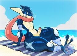 anthro beach_towel blue_eyes emmet_twunks erection femboy generation_6_pokemon genitals greninja jewelry male necklace nintendo nude penis pokemon pokemon_(species) sand sea seaside sigh solo thick_thighs towel water wet wet_body wide_hips