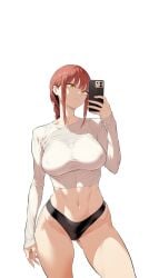 1girls abs ai_generated athletic_female black_panties chainsaw_man fit_female makima_(chainsaw_man) muscular_female obliques panties phone red_hair shirt_and_panties solo sweater toned_female white_sweater yellow_eyes zloimakak