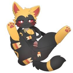 anthro anus ass balls black_body black_fur black_tail blush censored eeveelution fan_character fur generation_6_pokemon genitals glans hi_res humanoid_genitalia humanoid_penis male mammal multicolored_body multicolored_fur narrowed_eyes nintendo orange_body pawpads penis pink_pawpads pokemon pokemon_(species) solo sum sylveon tail two_tone_tail