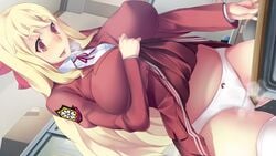 blonde_hair blush breasts cameltoe erectlip female game_cg highres huge_breasts kyonyuu_seitokaichou_chijoku_no_hakudaku_kuro_tights:_konna_yatsu_no_okazu_ni_naru_nante! legs long_hair looking_down open_mouth panties pink_eyes sakura_(erectlip) school_uniform skirt solo standing table table_humping thighs underwear white_panties xxzero