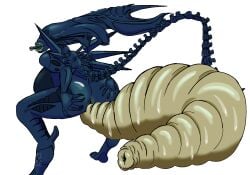 5_fingers alien alien_(franchise) alien_humanoid alien_vs._predator_(franchise) anal_prolapse anus ass big_breasts big_butt black_claws bodily_fluids breasts claws eyeless female fingers genital_fluids genitals hi_res humanoid hyper_prolapse kustruce lips looking_at_viewer mouth not_furry nude open_mouth peeing prolapse pussy simple_background smile tail teeth thick_thighs urine xenomorph