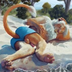 4_toes 5_fingers anthro balls beach claws clothing digitigrade feet felid finger_claws fingers fur genitals grey_mane hi_res lion liosoun lounging male mammal mane pantherine pawpads paws penis pink_nose pink_pawpads raised_tail semi-anthro smile smiling_at_viewer solo swimwear tail tail_tuft toe_claws toes tuft underwear wardrobe_malfunction whiskers