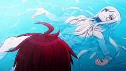 1boy 1girls 2d_(artwork) 2d_artwork breasts cg covered_nipples heterochromia inviting long_hair nude nude_female official_art official_style purple_eyes red_eyes red_hair rui_komatsuzaki smiling smiling_at_partner swimming swimming_naked swimming_pool takumi_sumino the_hundred_line_-last_defense_academy- v'ehxness water white_hair