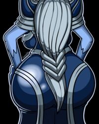 1girls alpha_channel armor ass black_background blue_skin canastus female grey_hair hair humanoid league_of_legends lissandra pinup plain_background pose solo