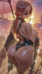 1boy 1boy1girl 1girls absurd_res absurd_resolution absurdres ai_generated ass ass_focus ass_up bare_legs bare_thighs beach big_ass big_breasts big_butt braided_ponytail breasts busty chainsaw_man clothing curvaceous curvy curvy_female curvy_figure detailed_background dominant_female female female_focus female_only hi_res high_resolution highres huge_breasts large_breasts light-skinned_female light_skin looking_at_viewer looking_over_eyewear looking_over_sunglasses lyuraiart makima_(chainsaw_man) male nipples patreon patreon_url ponytail pose posing red_hair self_upload sunglasses sweat sweaty sweaty_body swimsuit thick_thighs thighs tinted_eyewear voluptuous voluptuous_female wet yellow_eyes