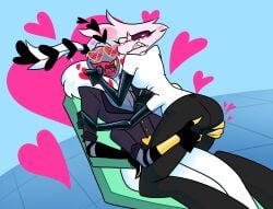 angel_dust_(hazbin_hotel) ass_grope blush dentist embarrassed hazbin_hotel inappropriate_behavior plasticrarity questionable_consent sfw spider_humanoid suggestive_pose valentino_(hazbin_hotel)