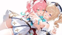 ai_assisted ai_generated barbara_(genshin_impact) blonde_hair genshin_impact honkai:_star_rail hyacine_(honkai:_star_rail) pink_hair tagme twintails two_girls