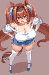 9is adapted_costume animal_ears blue_gemstone blue_shoes blue_skirt blush breasts brown_background brown_hair cleavage commentary daiwa_scarlet_(umamusume) double-parted_bangs female frilled_shirt frilled_sleeves frills full_body gem hair_intakes hands_on_own_hips highres horse_ears horse_girl horse_tail large_breasts long_hair looking_at_viewer miniskirt oerba_yun_fang off-shoulder_shirt off_shoulder open_mouth red_eyes scowl shirt shoes short_sleeves signature simple_background skirt solo standing sweatdrop tail thighhighs tiara twintails umamusume v-shaped_eyebrows white_shirt white_thighhighs wristband